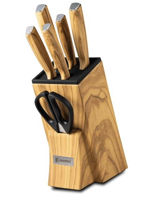 BERGNER Olive Garden Stainless Steel 7 Pcs Knife Set, Kitchen Knife Set of Chef Knife, Santoku Knife, Carving Knife, Utility Knife, Paring Knife, Scissor with Wooden Block, Durable, Soft Touch Handle